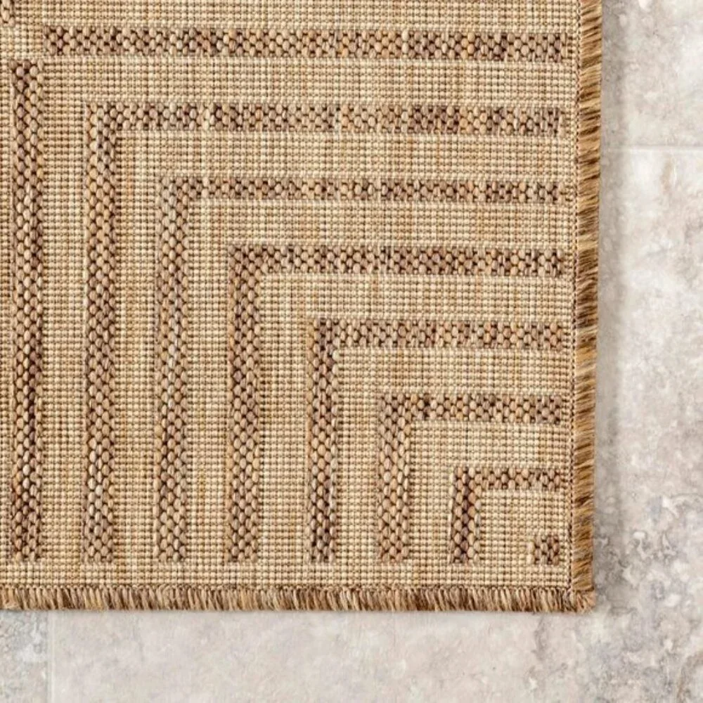 5x8Inch Outdoor Area Rug, Striped Border, Stain Resistant, Durable, Light Brown